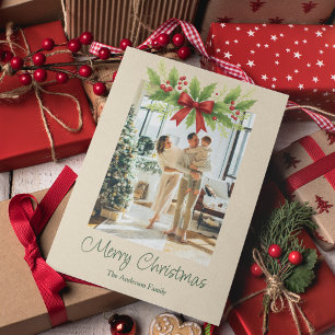 Elegant Holly & Red Bow Christmas -  Holiday Card
