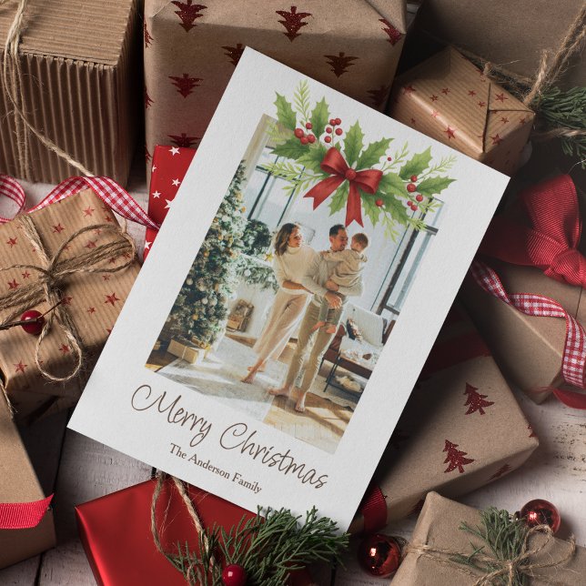 Elegant Holly & Red Bow Christmas Holiday Card (Creator Uploaded)