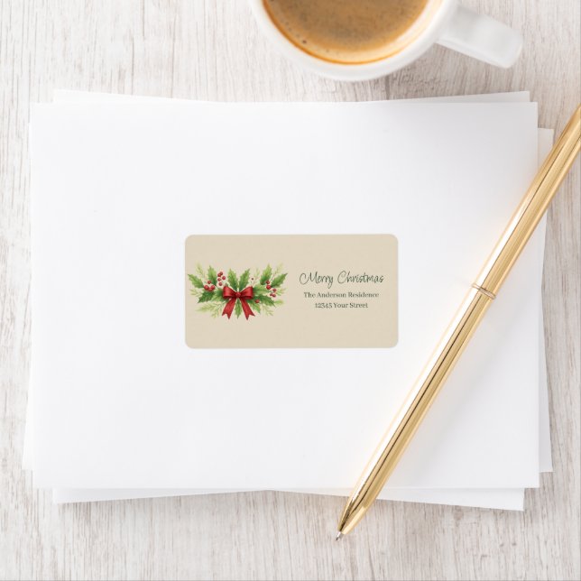 Elegant Holly & Red Bow Christmas -  Label (Insitu)