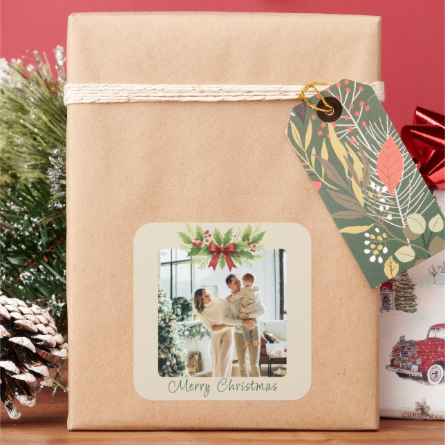 Elegant Holly & Red Bow Christmas -  Square Sticker (Holiday)