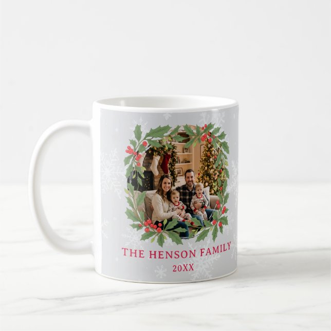 Elegant Holly Wreath Merry Christmas Family Photo Coffee Mug (Left)