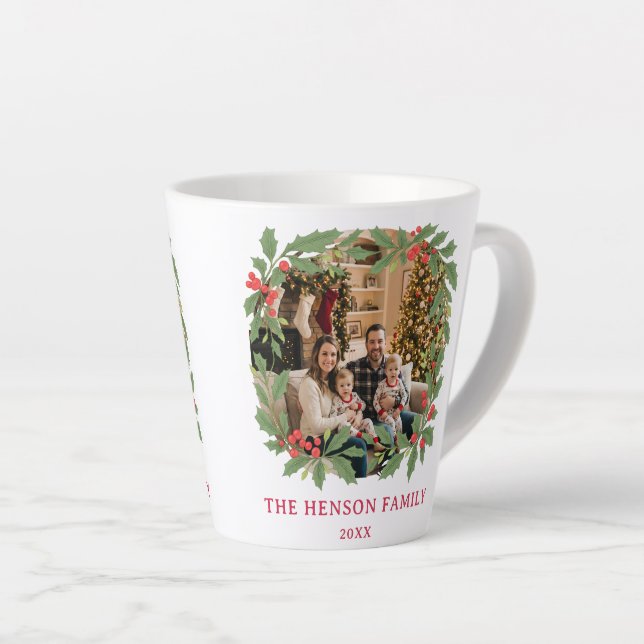 Elegant Holly Wreath Merry Christmas Family Photo Latte Mug (Right Angle)