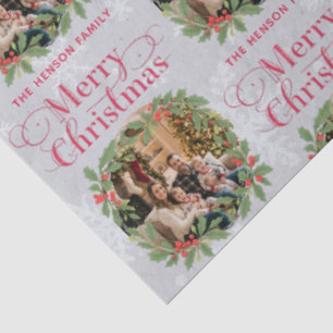 Elegant Holly Wreath Merry Christmas Family Photo Tissue Paper