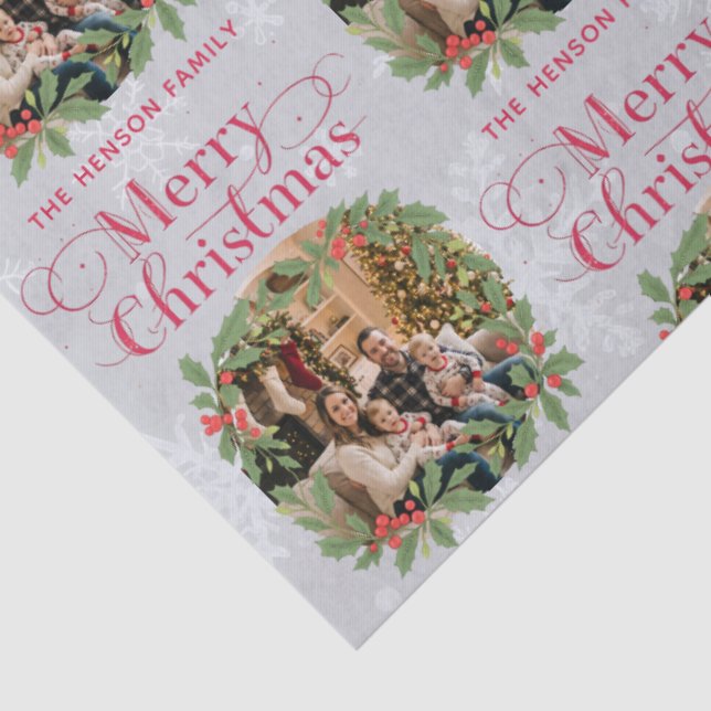 Elegant Holly Wreath Merry Christmas Family Photo Tissue Paper (Detail)