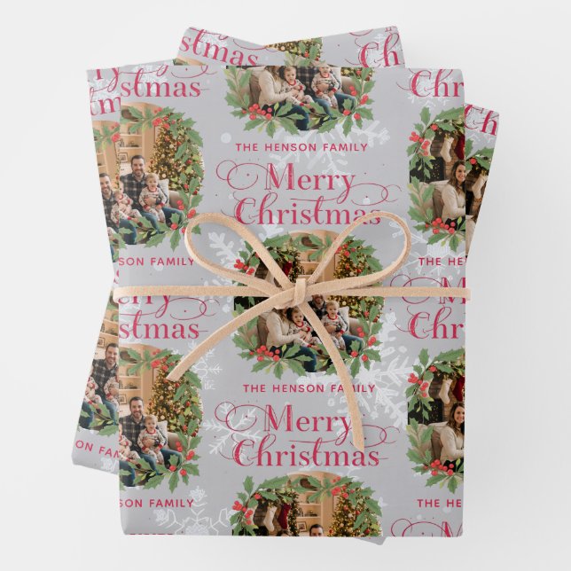 Elegant Holly Wreath Merry Christmas Family Photo Wrapping Paper Sheet (In situ)