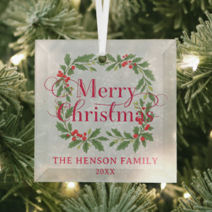 Elegant Holly Wreath Merry Christmas Glass Tree Decoration