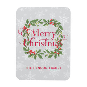 Elegant Holly Wreath Merry Christmas Magnet