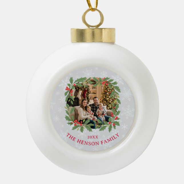 Elegant Holly Wreath Merry Christmas Photo Ceramic Ball Christmas Ornament (Front)
