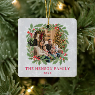 Elegant Holly Wreath Merry Christmas Photo Ceramic Ornament
