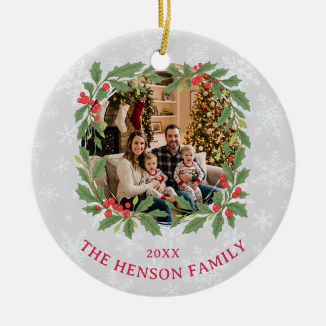 Elegant Holly Wreath Merry Christmas Photo Ceramic Ornament (Front)
