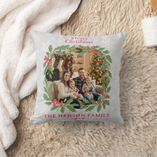 Elegant Holly Wreath Merry Christmas Photo Cushion
