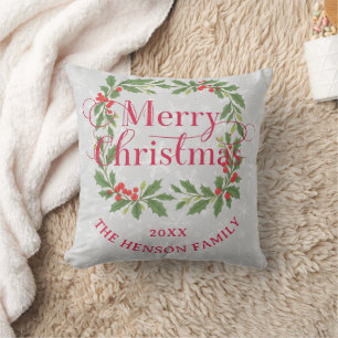 Elegant Holly Wreath Merry Christmas Photo Cushion