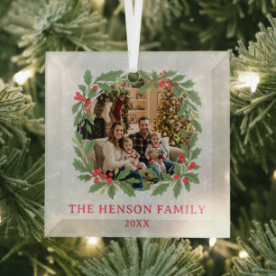 Elegant Holly Wreath Merry Christmas Photo Glass Tree Decoration
