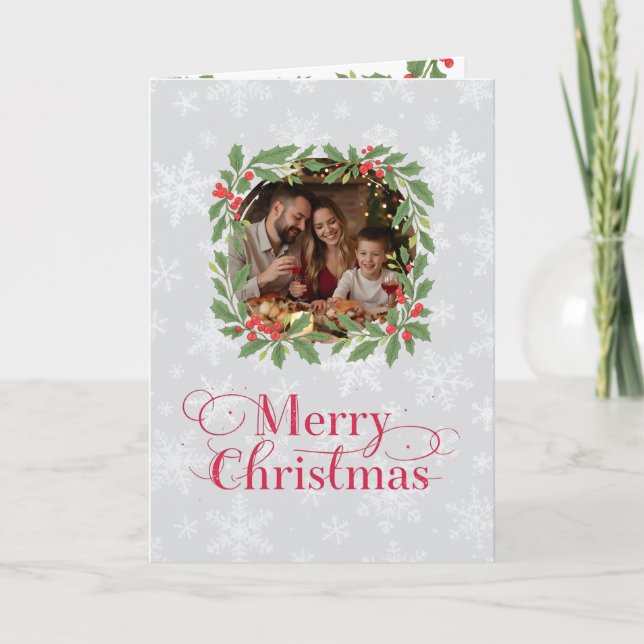 Elegant Holly Wreath Merry Christmas Photo Holiday Card (Front)