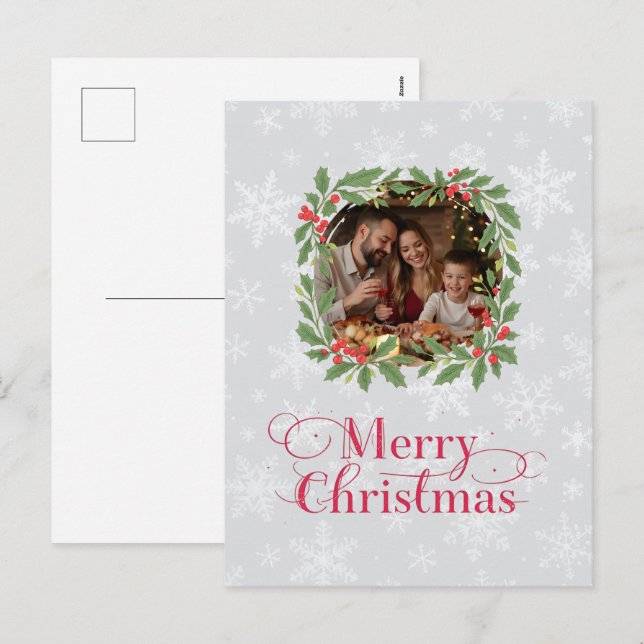 Elegant Holly Wreath Merry Christmas Photo Holiday Postcard (Front/Back)