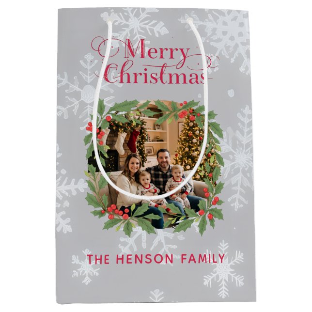 Elegant Holly Wreath Merry Christmas Photo Medium Gift Bag (Front)