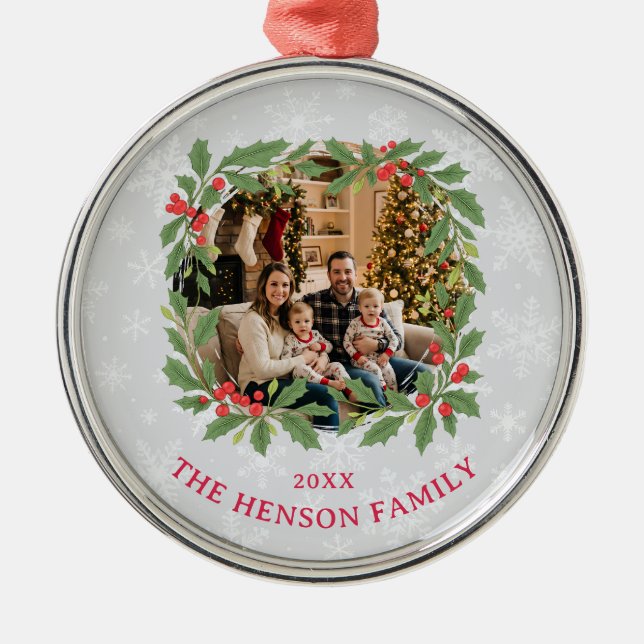 Elegant Holly Wreath Merry Christmas Photo Metal Ornament (Front)