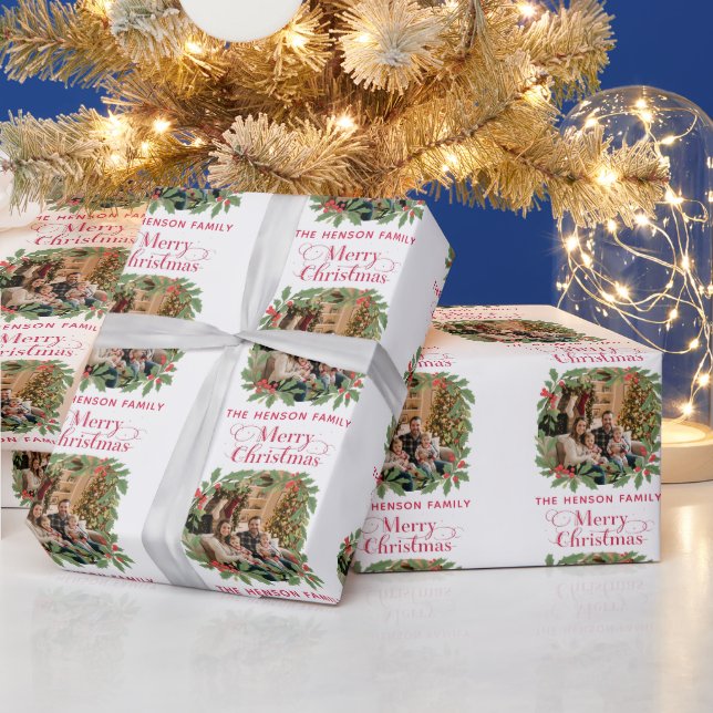Elegant Holly Wreath Merry Christmas Photo Wrapping Paper (Holidays)