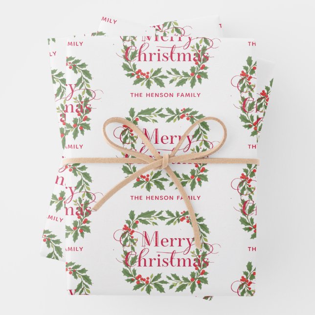 Elegant Holly Wreath Merry Christmas Wrapping Paper Sheet (In situ)