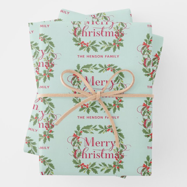 Elegant Holly Wreath Merry Christmas Wrapping Paper Sheet (In situ)