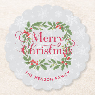 Elegant Holly Wreath Snowflakes Merry Christmas Paper Coaster