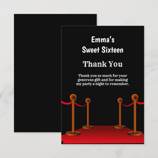 Elegant Hollywood Red Carpet Sweet 16 Birthday   Thank You Card (Front/Back)