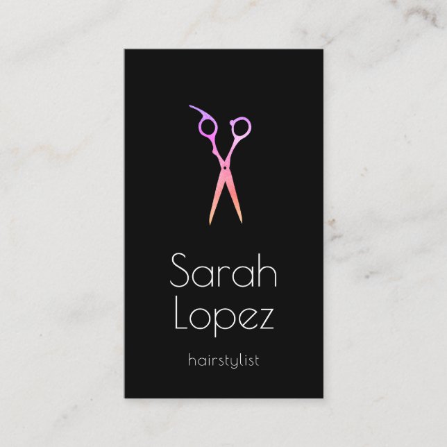 Elegant holographic & black scissors hairstylist business card (Front)