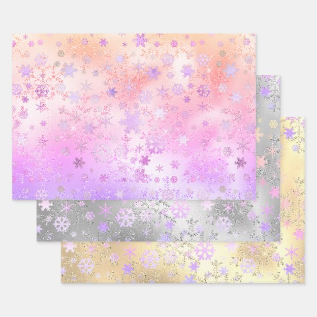 Elegant Holographic Christmas Snowflake Pattern Wrapping Paper Sheet (Set)
