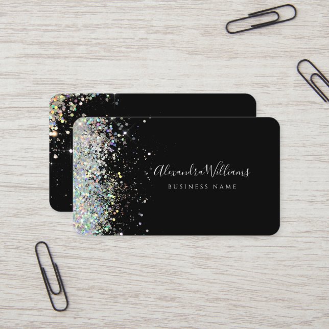 Elegant Holographic Glitter Aesthetician Black Business Card (Front/Back In Situ)
