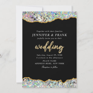 Elegant Holographic Glitter Agate Black Modern Invitation