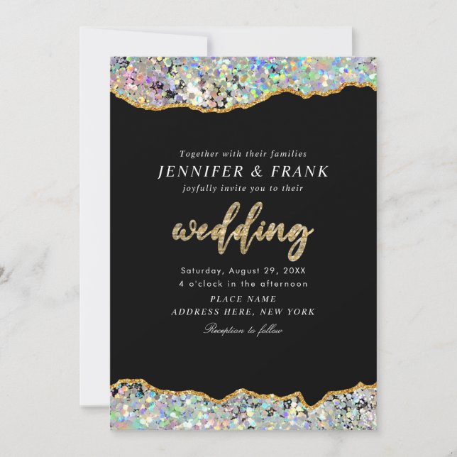 Elegant Holographic Glitter Agate Black Modern Invitation (Front)