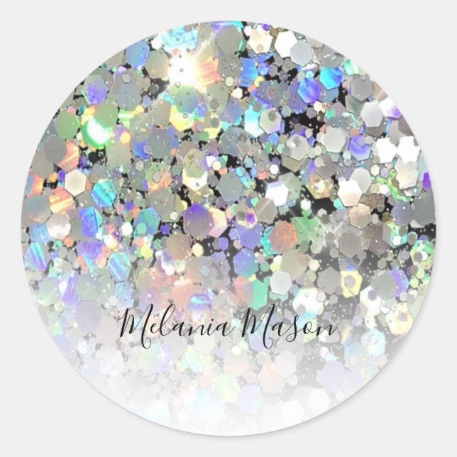 Elegant Holographic Glitter Black Custom Text Classic Round Sticker (Front)