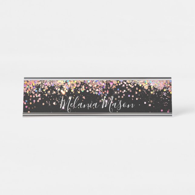 Elegant Holographic Glitter Black Desk Name Plate (Front)