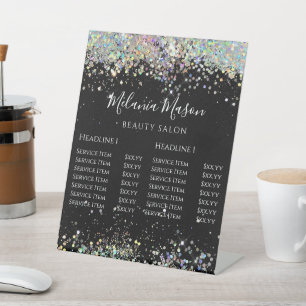 Elegant Holographic Glitter Black Price List Pedestal Sign
