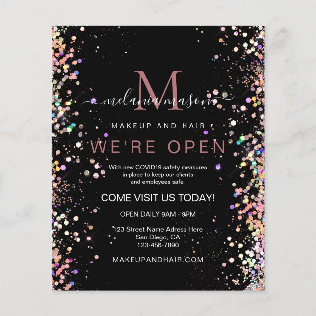 Elegant Holographic Glitter Black We're Open Salon Flyer (Front)
