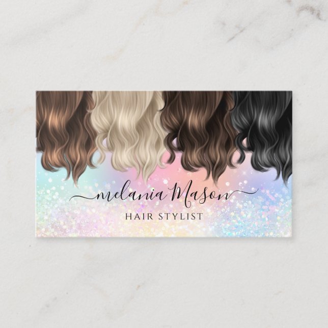 Elegant Holographic Glitter Hair Stylist Colourful Business Card (Front)