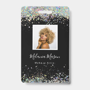 Elegant Holographic Glitter Makeup Artist Black ID Badge