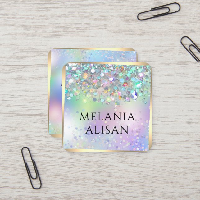Elegant Holographic Glitter Makeup Artist Unique Square Business Card (Front/Back In Situ)