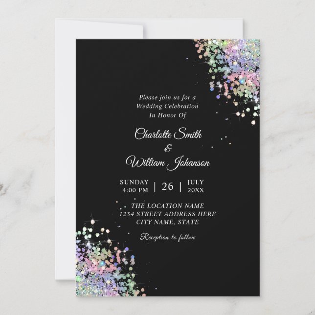 Elegant Holographic Glitter Modern Black Invitation (Front)