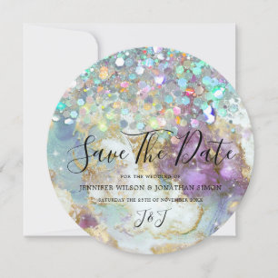 Elegant Holographic Glitter Modern Gold Marble Save The Date