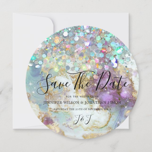 Elegant Holographic Glitter Modern Gold Marble Save The Date (Front)