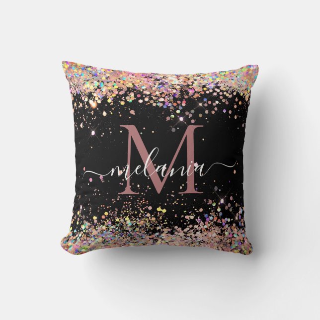 Elegant Holographic Glitter Monogram Name Black  Cushion (Front)