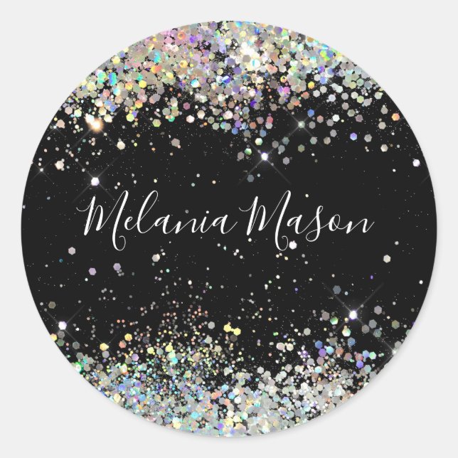 Elegant Holographic Glitter Stylish Name Black  Cl Classic Round Sticker (Front)