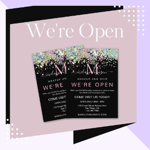 Elegant Holographic Glitter We're Open Salon Black Flyer