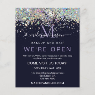 Elegant Holographic Glitter We're Open Salon Blue Flyer