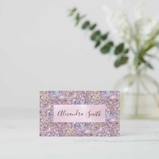 Elegant Holographic Purple Glitter Makeup Artist Business Card (Standing Front)