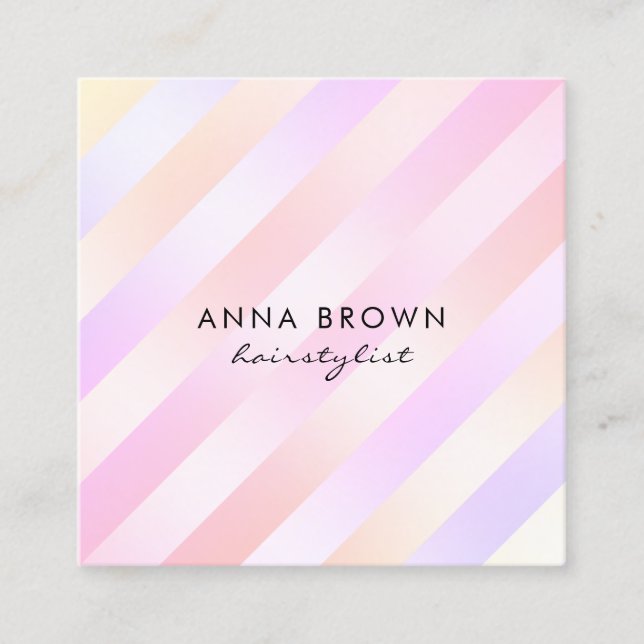 Elegant holographic scissors striped hairstylist square business card (Front)