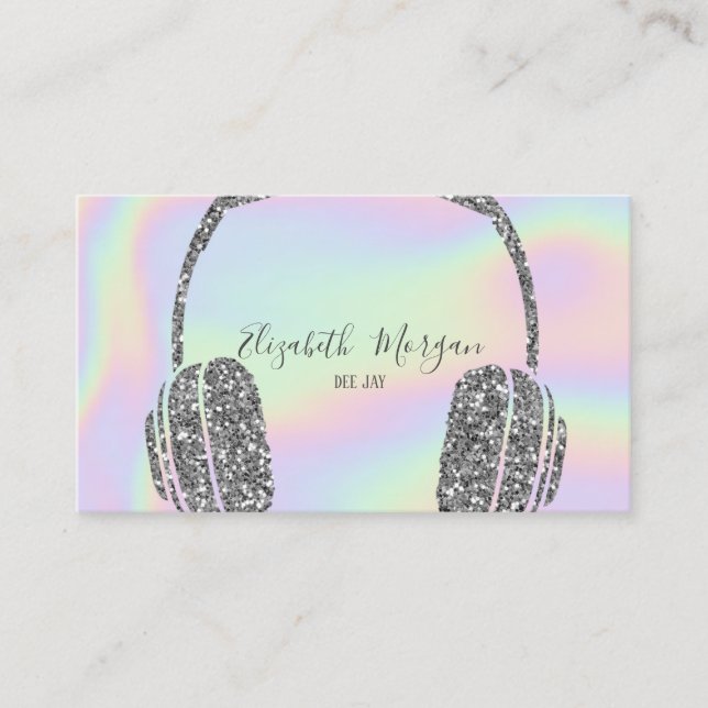 Elegant Holographic Silver Glitter Headphone DJ Business Card (Front)