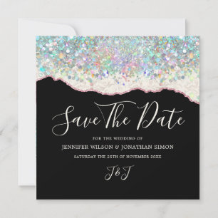 Elegant Holographic Sparkly Glitter Black Ivory Save The Date