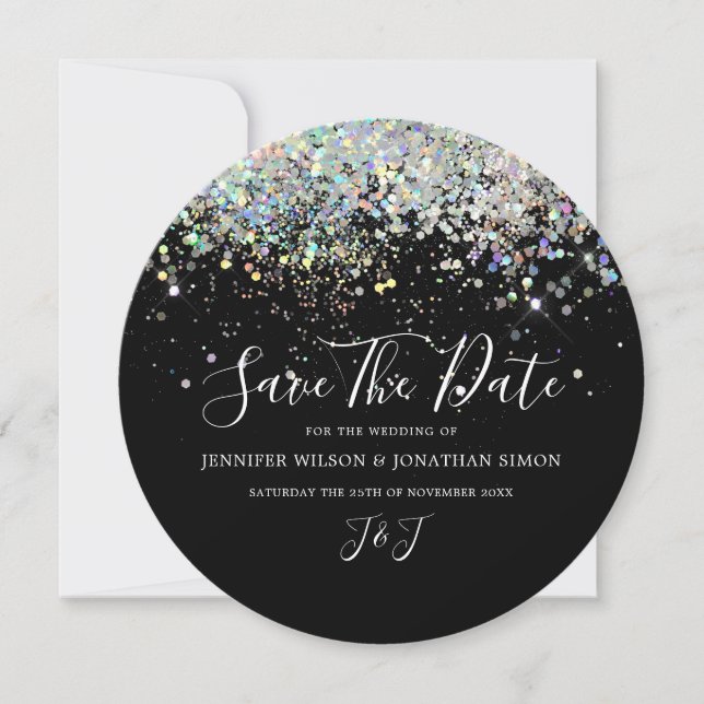 Elegant Holographic Sparkly Glitter Black Modern Save The Date (Front)